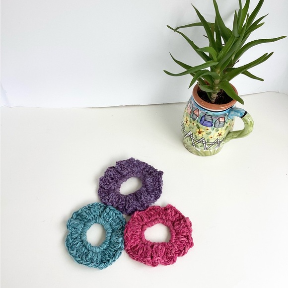 Hand Crafted Accessories - Hair Accessories Scrunchies Hand Crafted Mohair Silk Blue Purple Mauve Crochet
